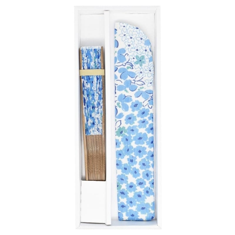 Abanico Japonés Flores Azules con Funda