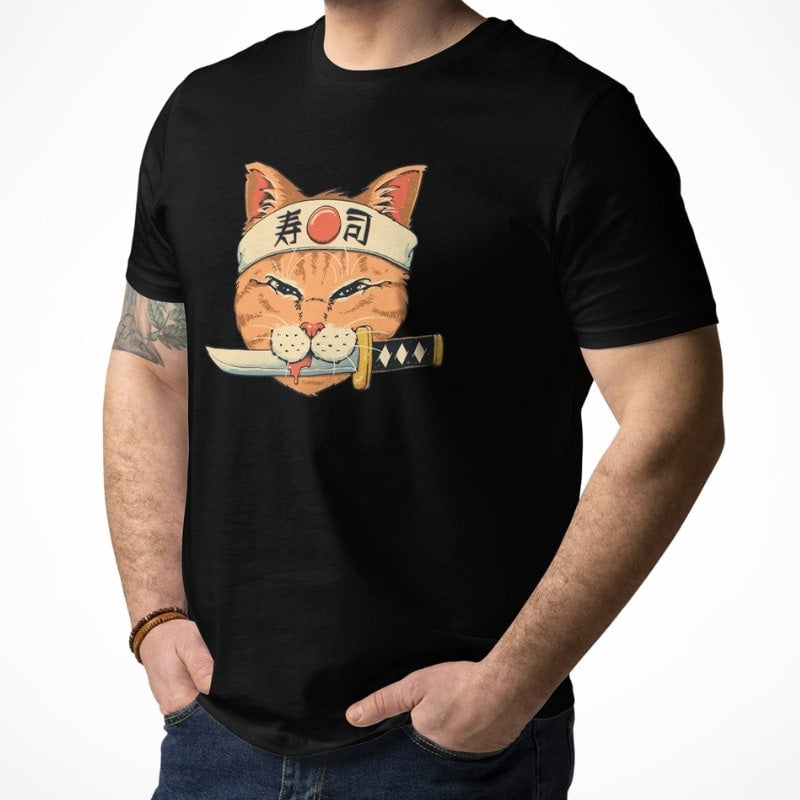 Camiseta Japonesa Neko Sushi Katana