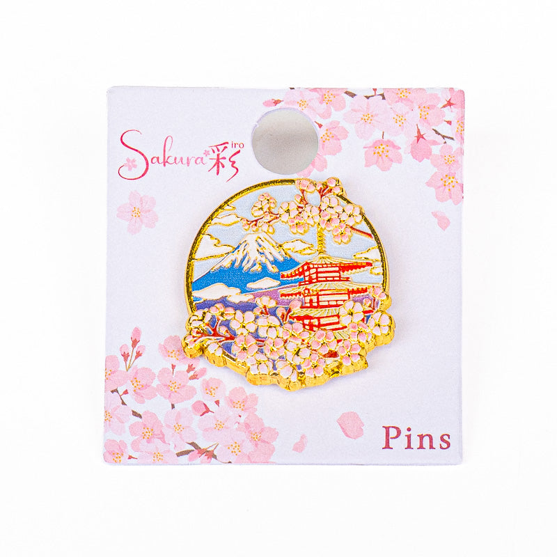 Insignias japonesas de metal: el templo el Fuji y los cerezos en flor