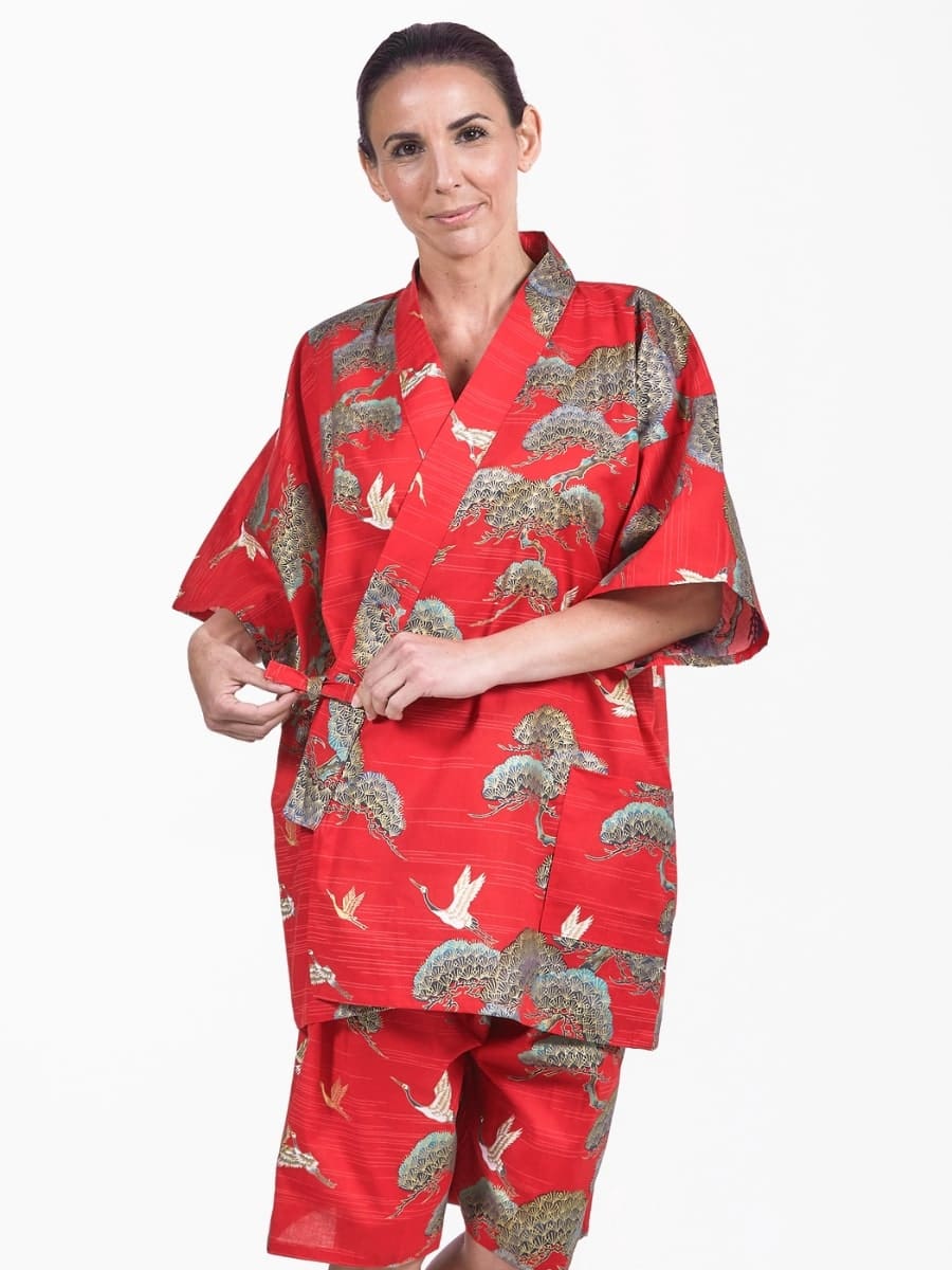 Jinbei Japonais Femme Rouge Grue & Pin