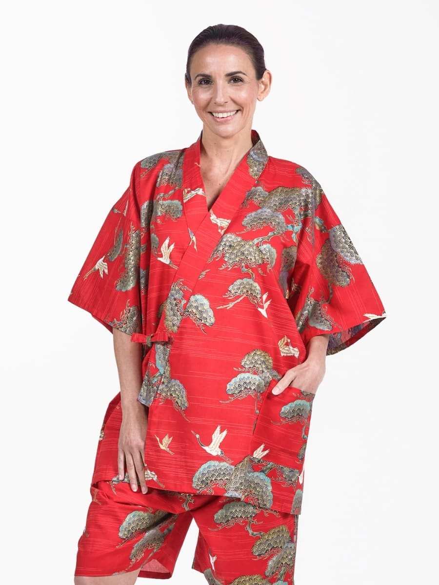 Jinbei Japonais Femme Rouge Grue & Pin