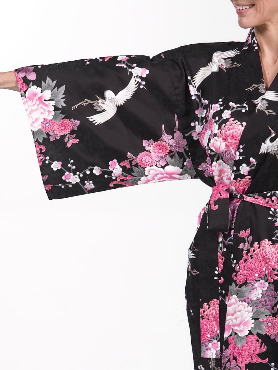 Kimono Happi Femme Noir Grue & Fleurs - Taille unique