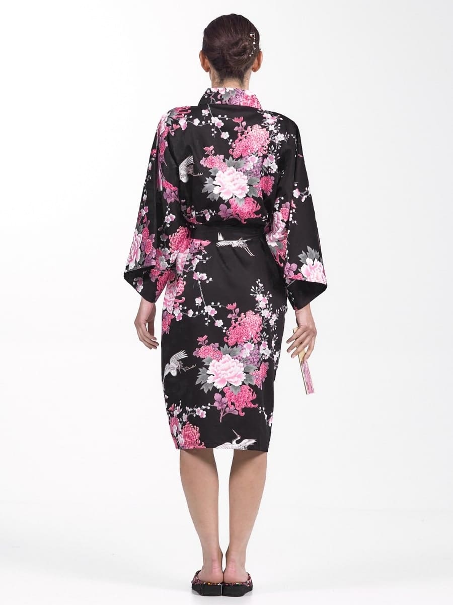 Kimono Happi Negro Grulla & Flores Mujer Talla única