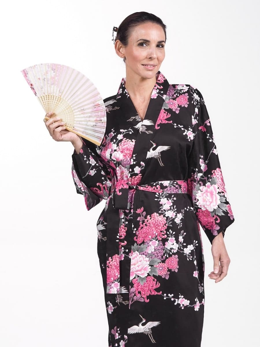 Kimono Happi Negro Grulla & Flores Mujer Talla única