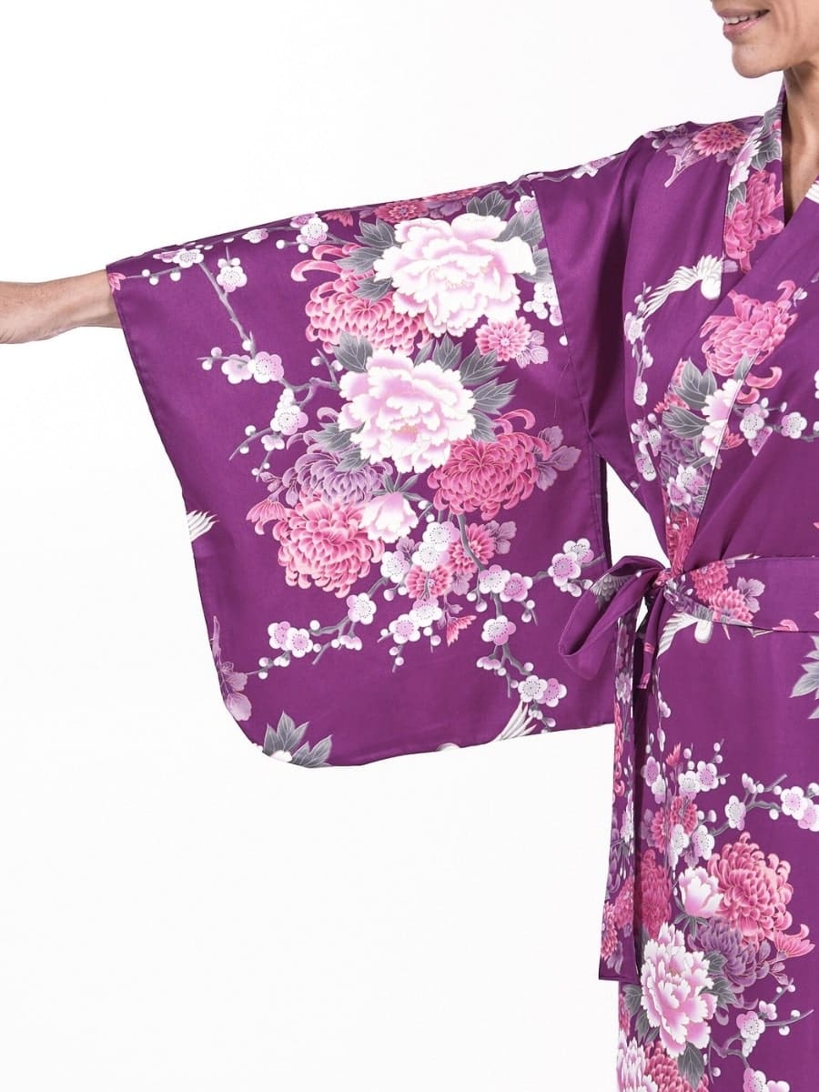 Kimono Japonés Peonía y Grullas Púrpura Mujer Talla única