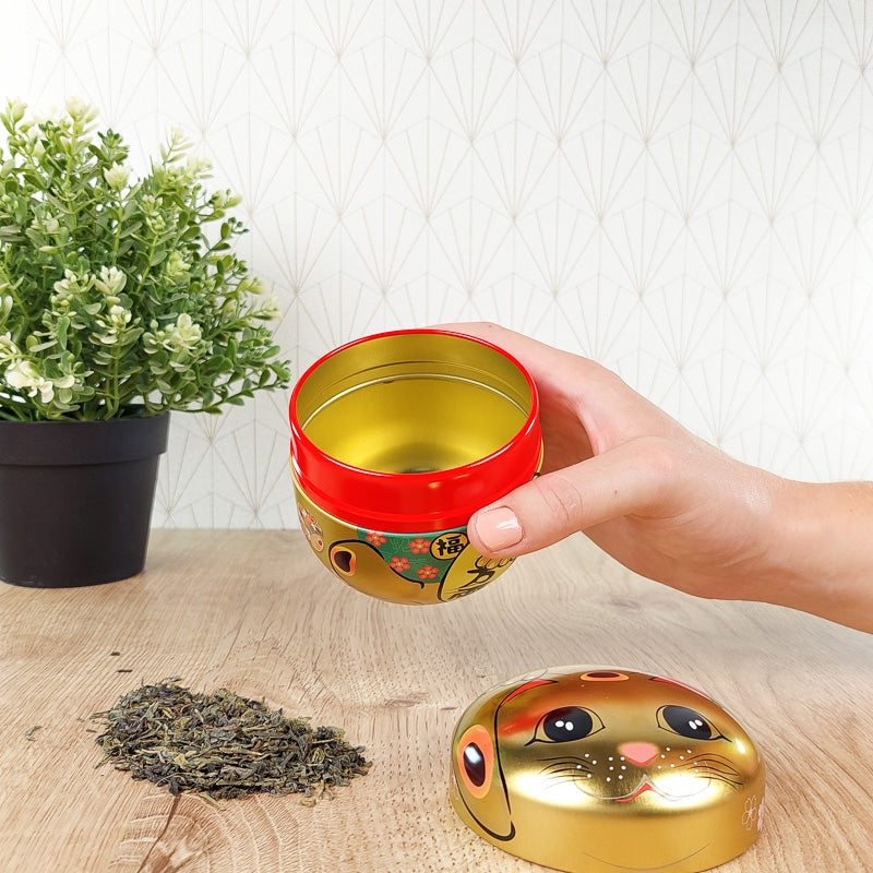Lata Dorada de Metal para Té Maneki Neko