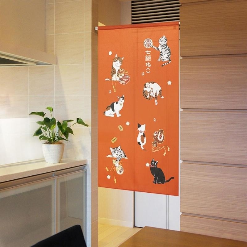 Noren Japonés Naranja Gatos