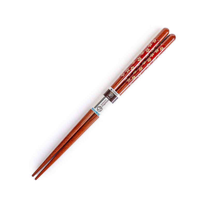 Palillos japoneses con motivo de flores de cerezo rojo