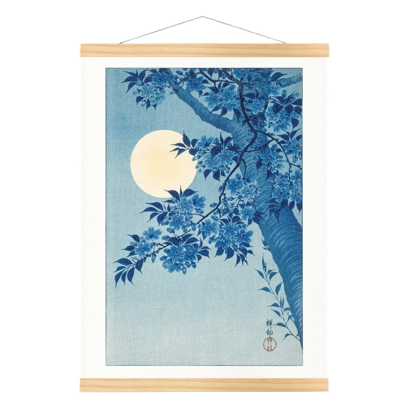 Póster Japonés Flores de Cerezo y Luna Llena A3