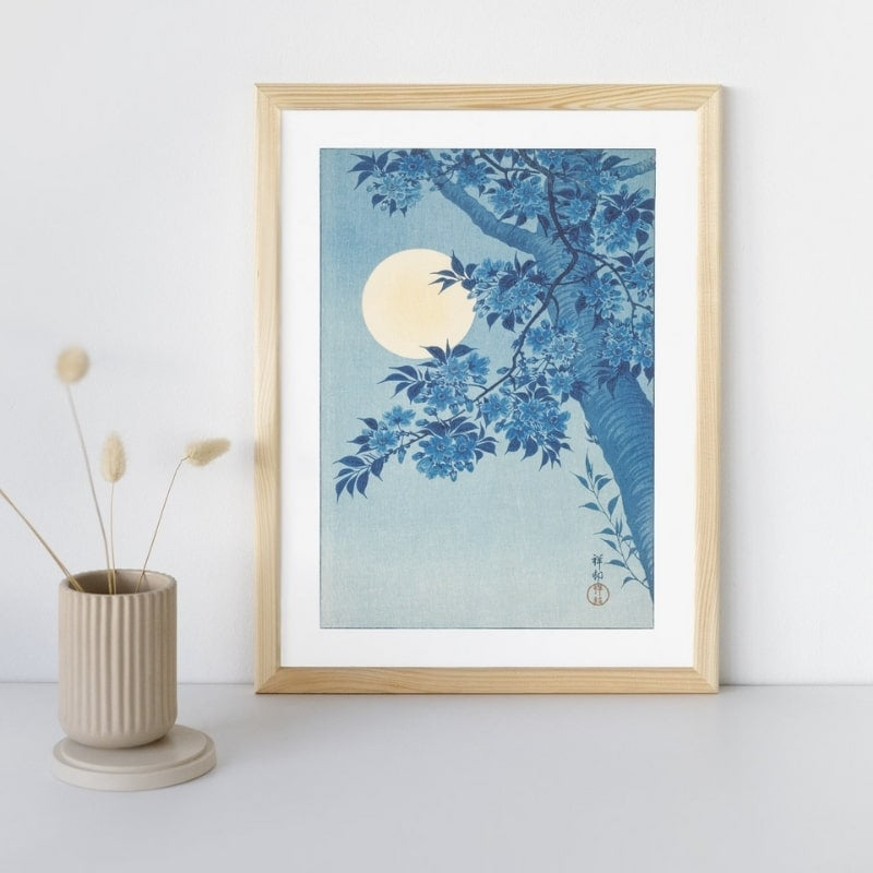 Póster Japonés Flores de Cerezo y Luna Llena A3