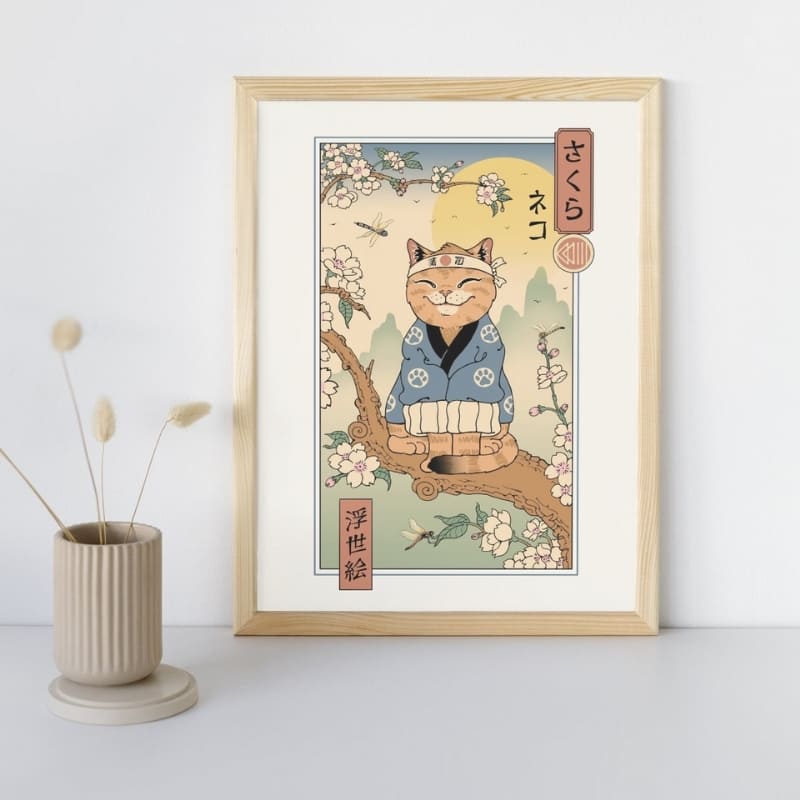 Póster Japonés Ukiyo-e Neko Sakura A3