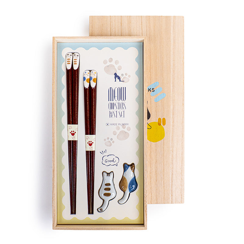 Set de palillos japoneses y reposapalillos con forma de gato