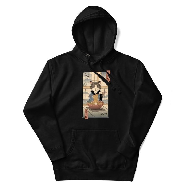 Sudadera japonesa Ukiyo-e Neko Ramen - S / Negro