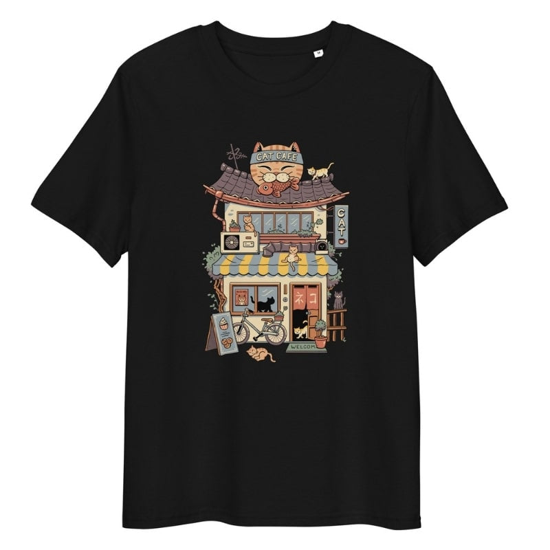 Camiseta japonesa Neko Café - S / Negra