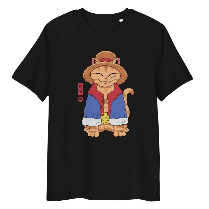 Camiseta Japonesa Neko Sombrero de Paja - S / Negro
