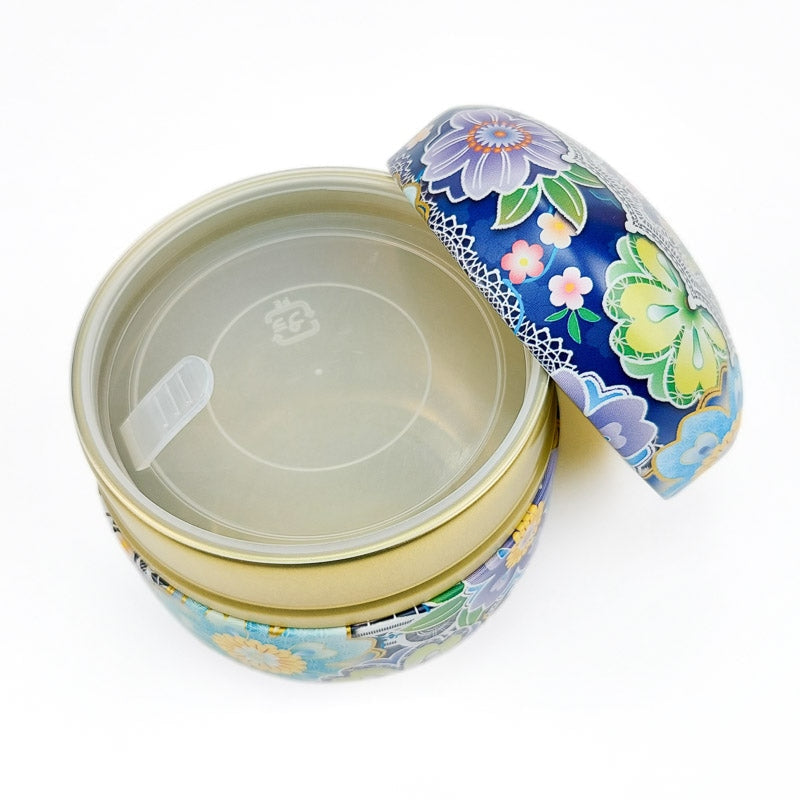 Caja de té de metal azul de Japón