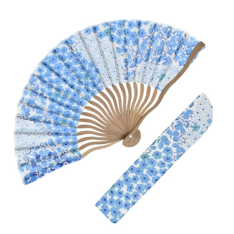 Abanico Japonés Flores Azules con Funda