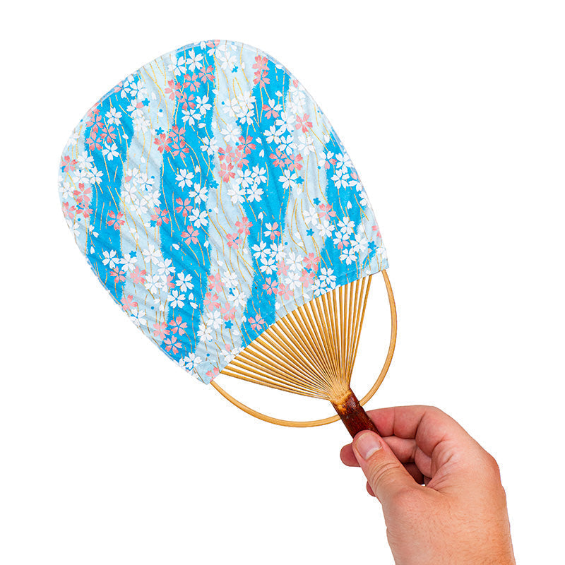 Abanico Japonés Uchiwa Washi Sakura Azul