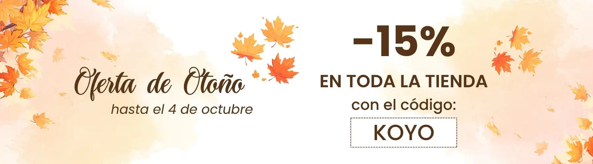 Banner promocional con temática de otoño, hojas de arce naranjas y un código de descuento del 15%.