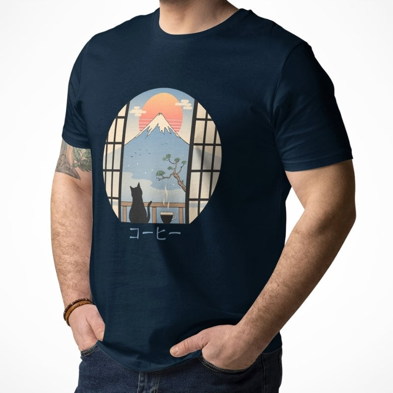 Camiseta Japonesa Gato y Monte Fuji