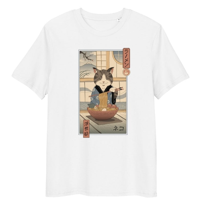 Camiseta Japonesa Ukiyo-e Neko Ramen S / Blanco