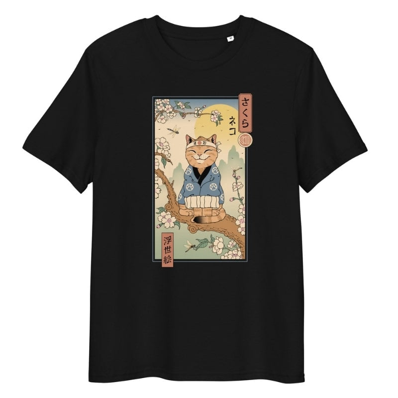 Camiseta Japonesa Ukiyo-e Neko Sakura S / Negro