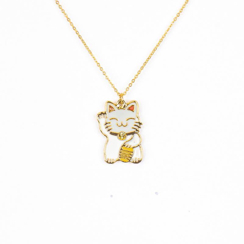 Collar japonés con colgante Maneki-Neko blanco y dorado