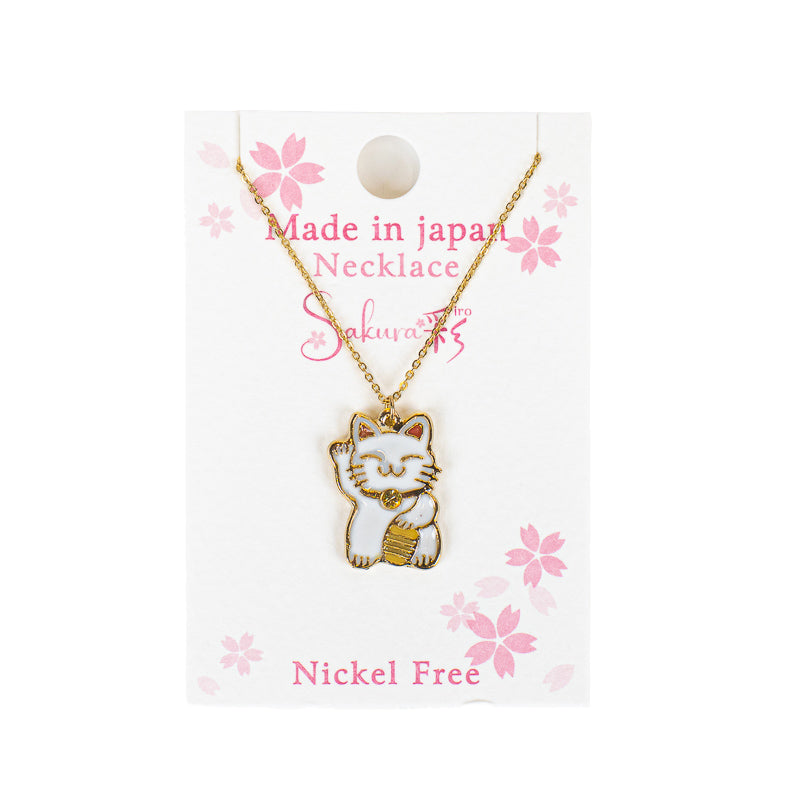 Collar japonés con colgante Maneki-Neko blanco y dorado