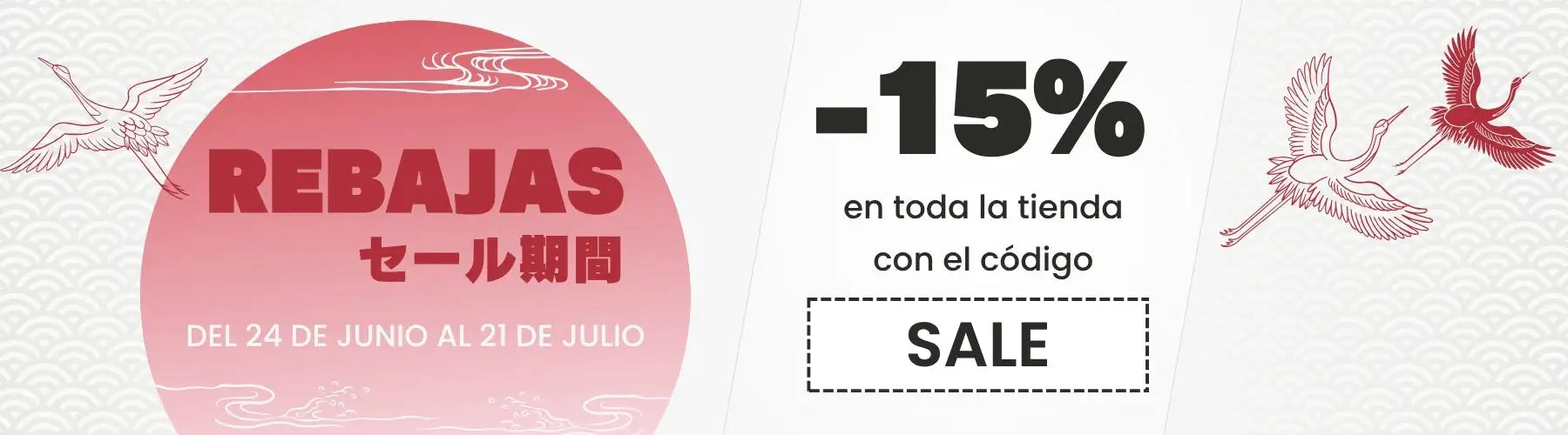 Folleto circular rosa con texto rojo que anuncia un 15% de descuento en español y japonés.