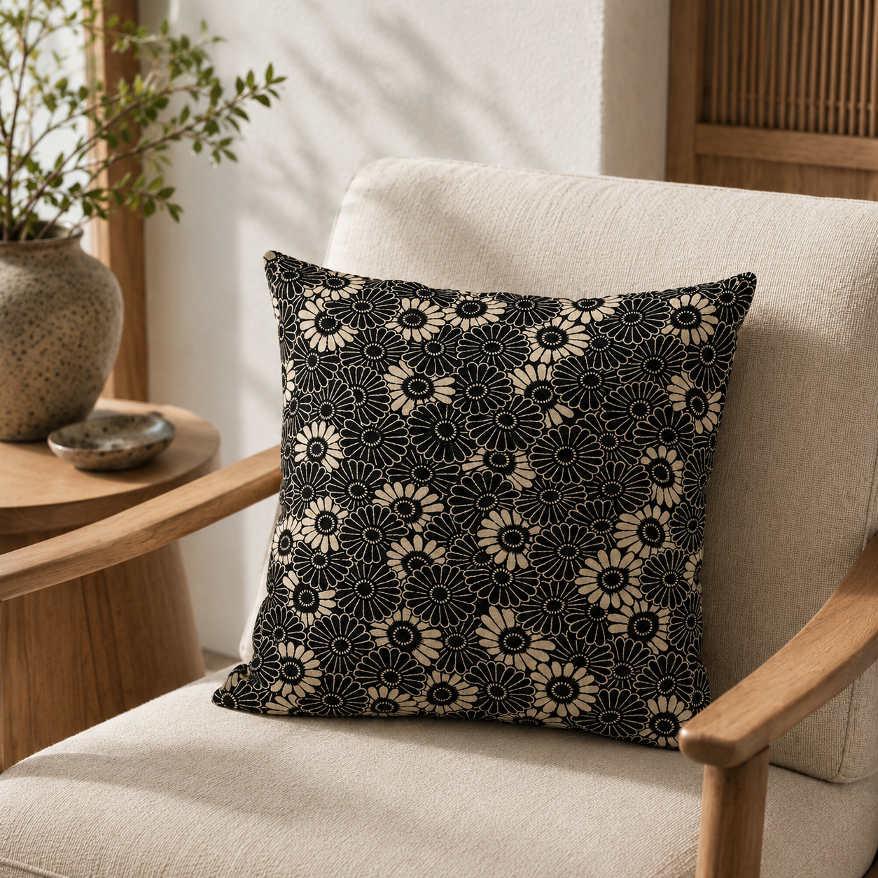 Funda de Cojín Japonesa Kikuzukushi Negra - 45x45 cm