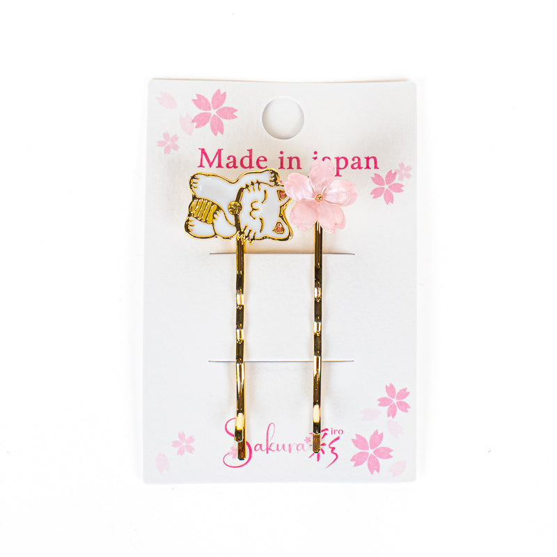 Horquillas japonesas para el pelo con motivos de Maneki-Neko y Sakura