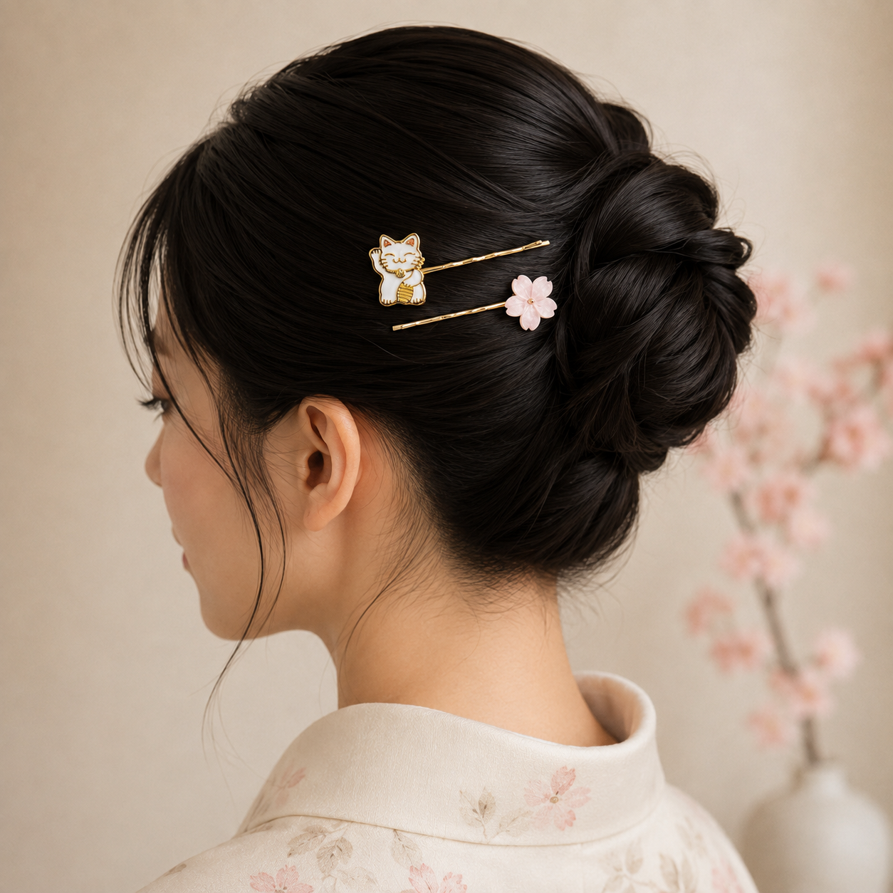 Horquillas japonesas para el pelo con motivos de Maneki-Neko y Sakura