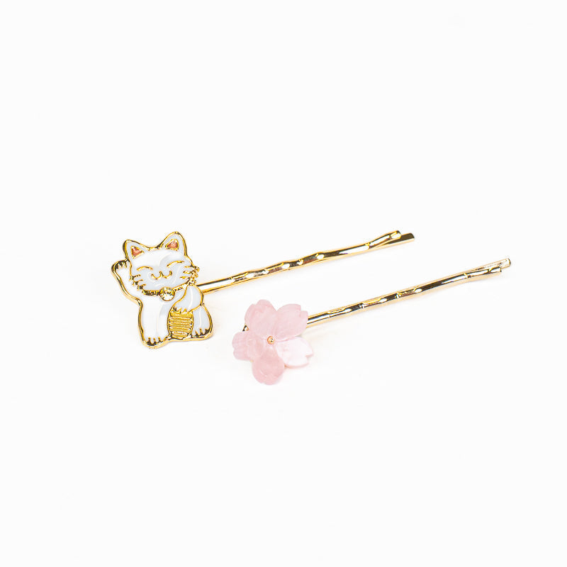 Horquillas japonesas para el pelo con motivos de Maneki-Neko y Sakura