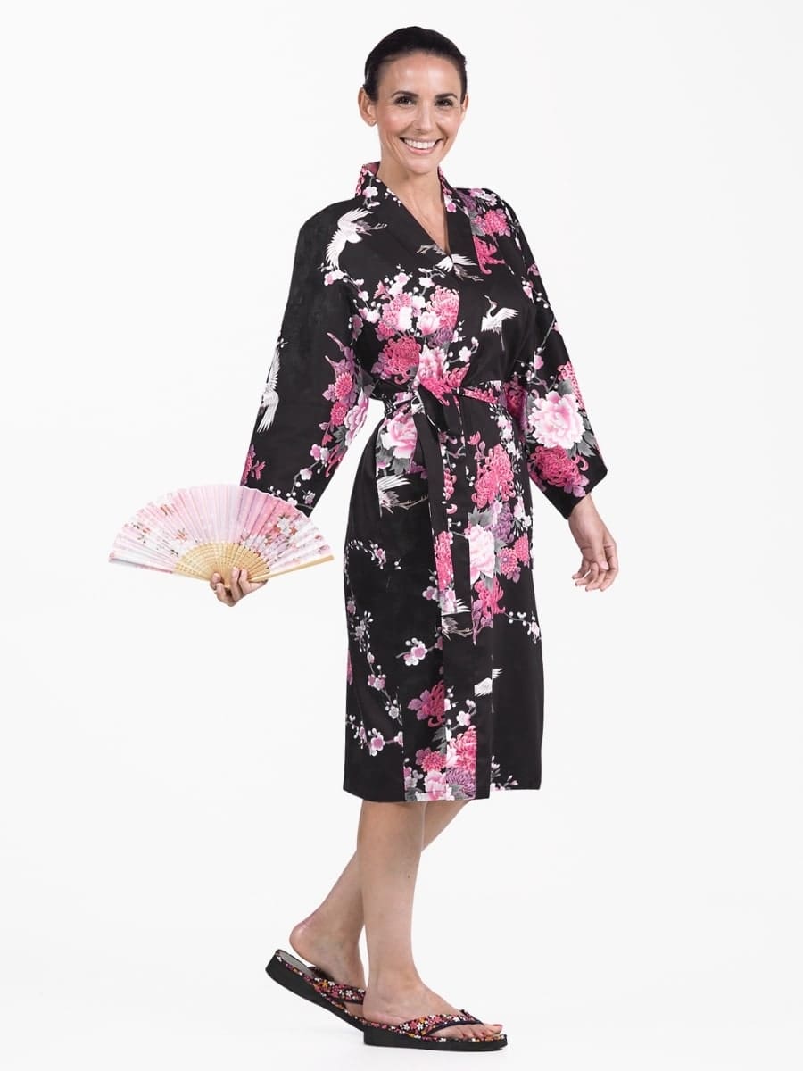Kimono Happi Negro Grulla & Flores Mujer Talla única