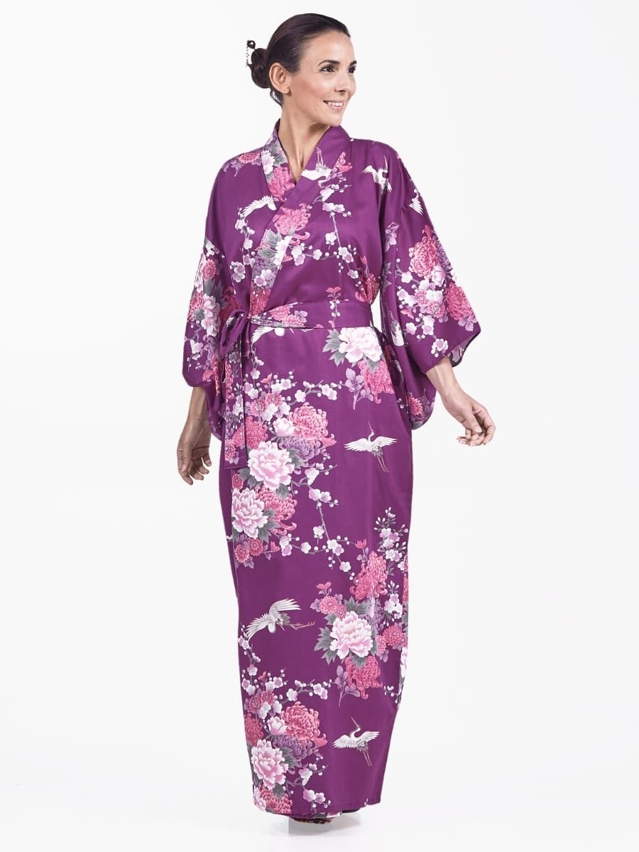 Kimono Japonés Peonía y Grullas Púrpura Mujer Talla única