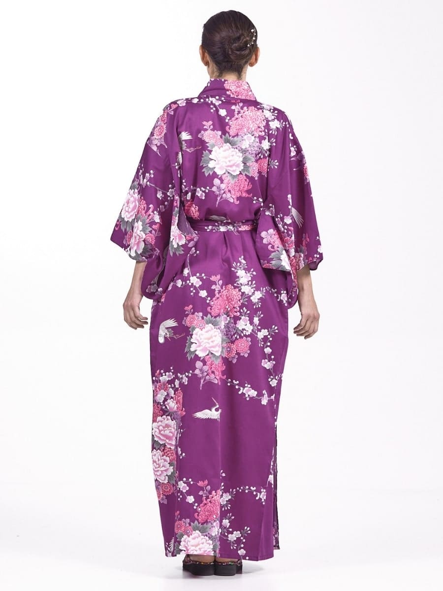 Kimono Japonés Peonía y Grullas Púrpura Mujer Talla única