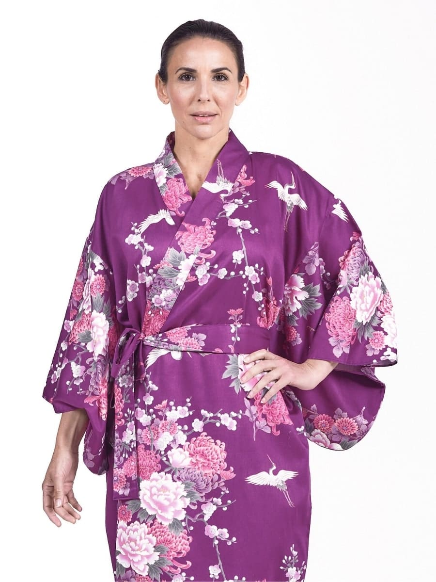 Kimono Japonés Peonía y Grullas Púrpura Mujer Talla única