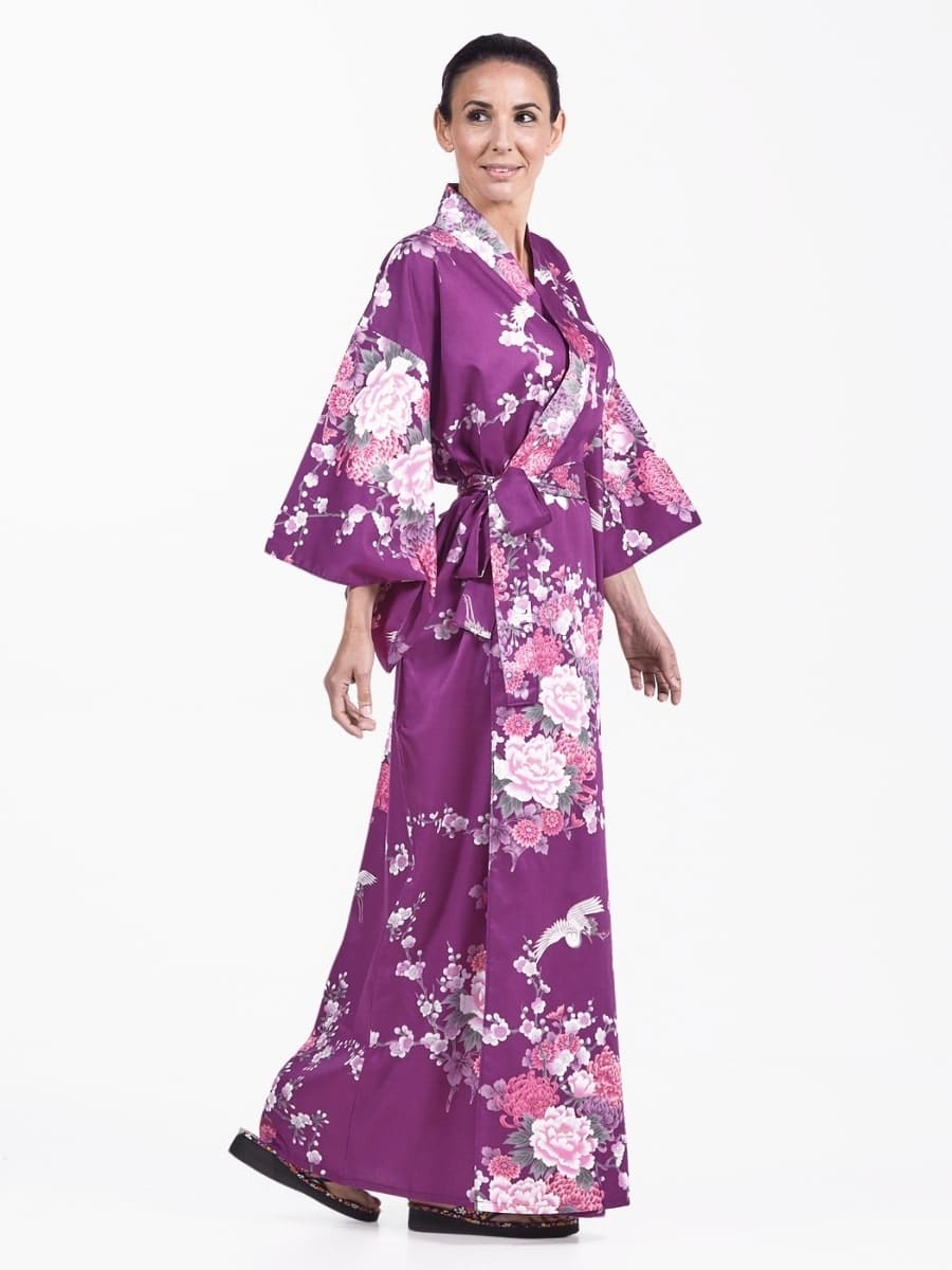 Kimono Japonés Peonía y Grullas Púrpura Mujer Talla única