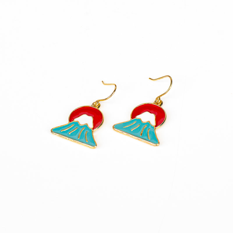 Pendientes japoneses con motivos del sol y el monte Fuji