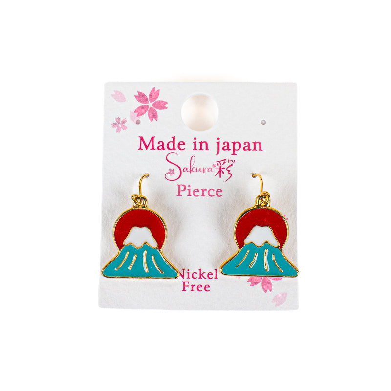Pendientes japoneses con motivos del sol y el monte Fuji