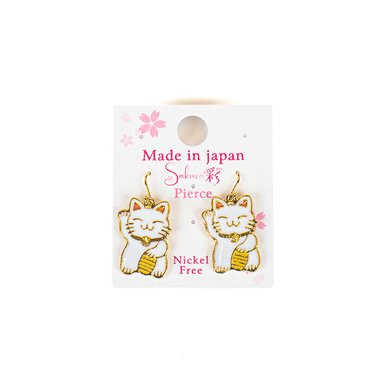 Pendientes japoneses Maneki-Neko blancos y dorados