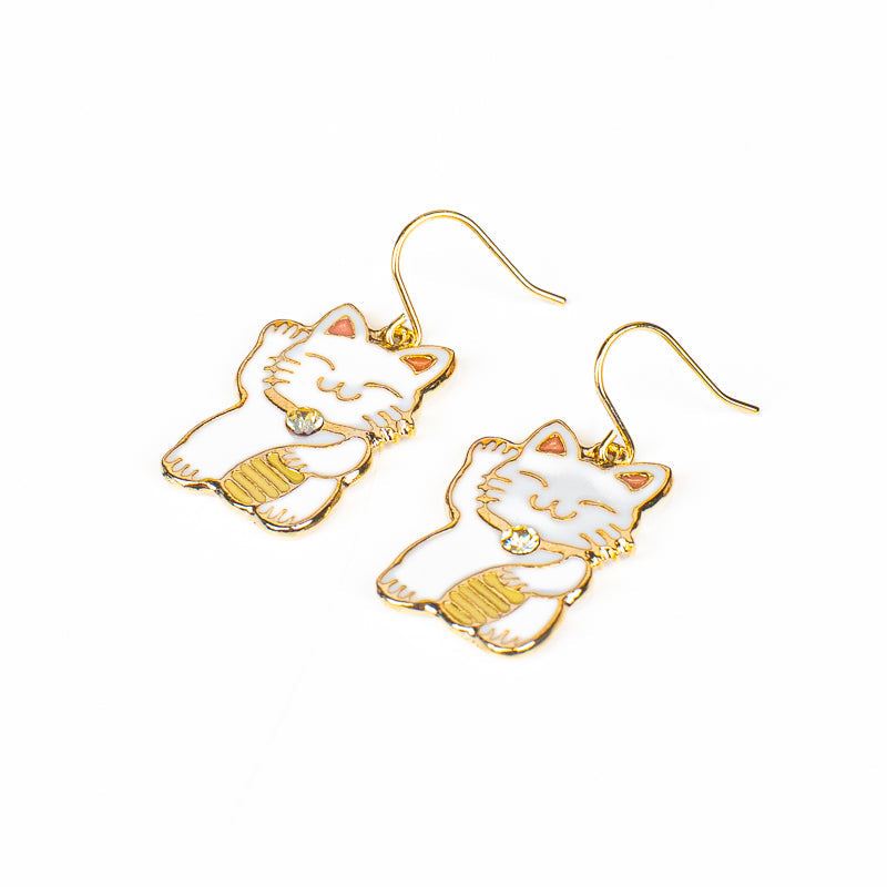 Pendientes japoneses Maneki-Neko blancos y dorados