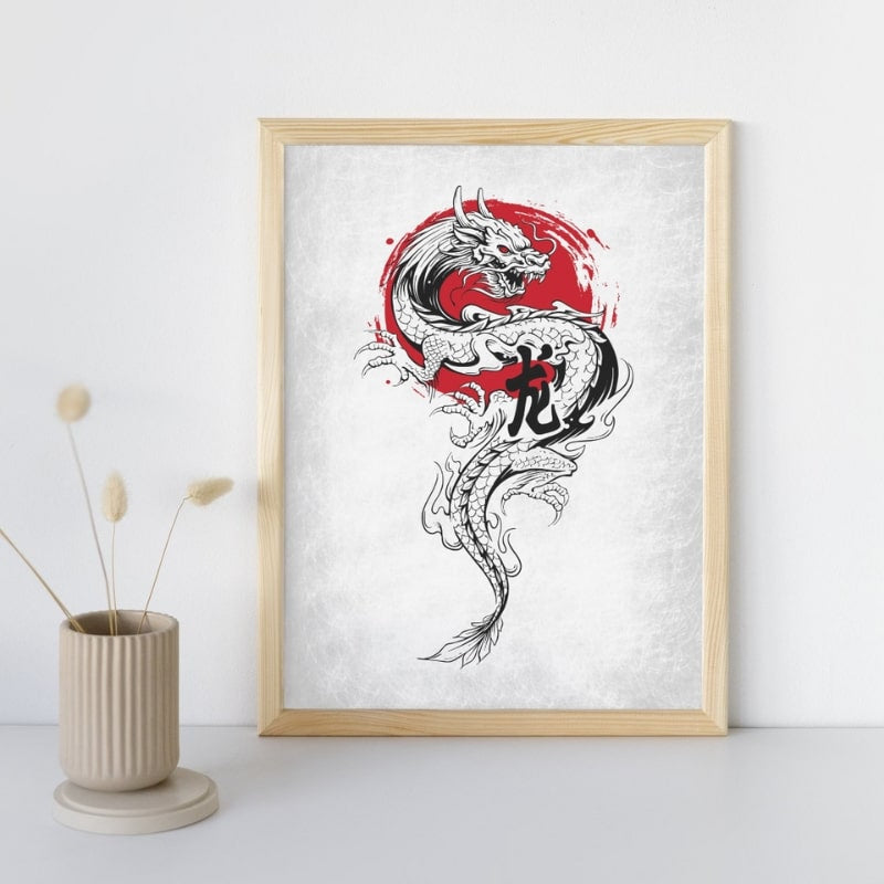 Póster Japonés Dragón y Sol A3