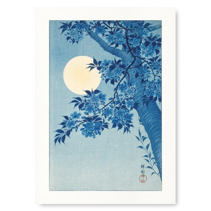 Póster Japonés Flores de Cerezo y Luna Llena A3