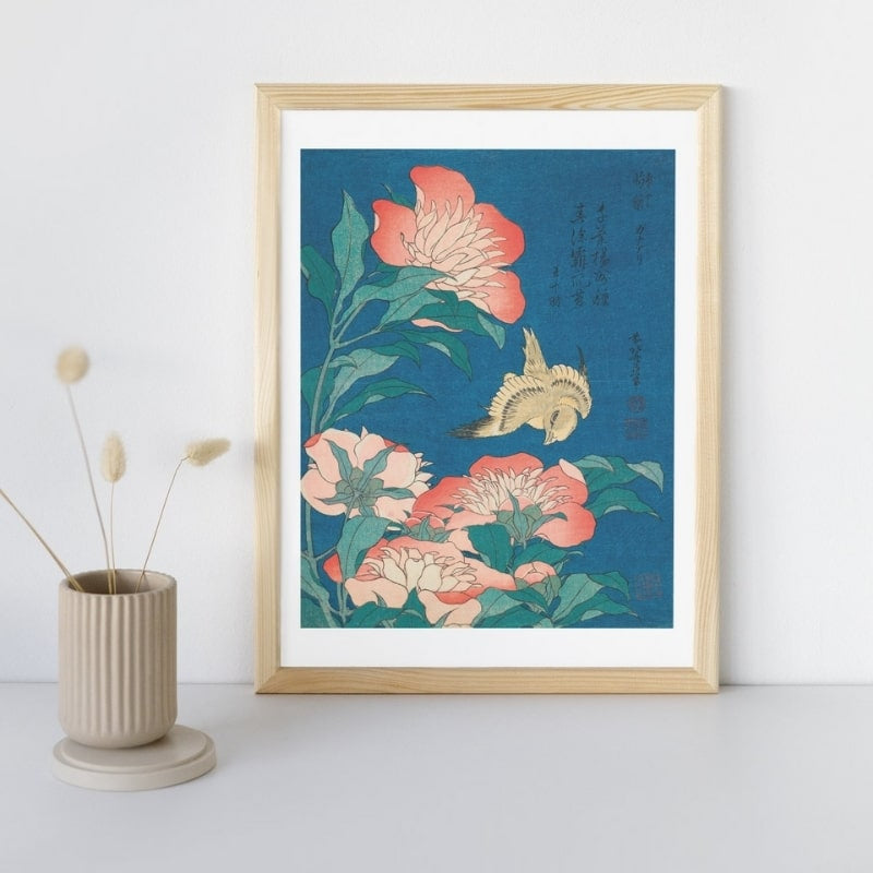 Póster Japonés Peonías y Canarios A3