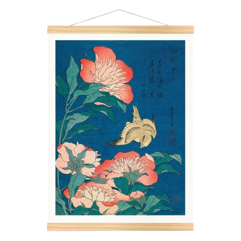 Póster Japonés Peonías y Canarios A3
