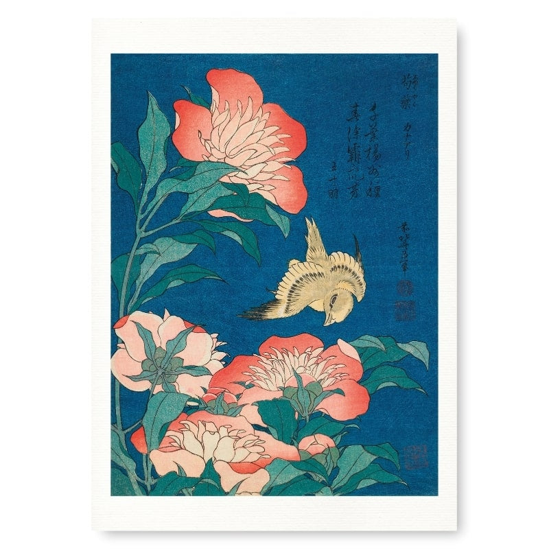 Póster Japonés Peonías y Canarios A3