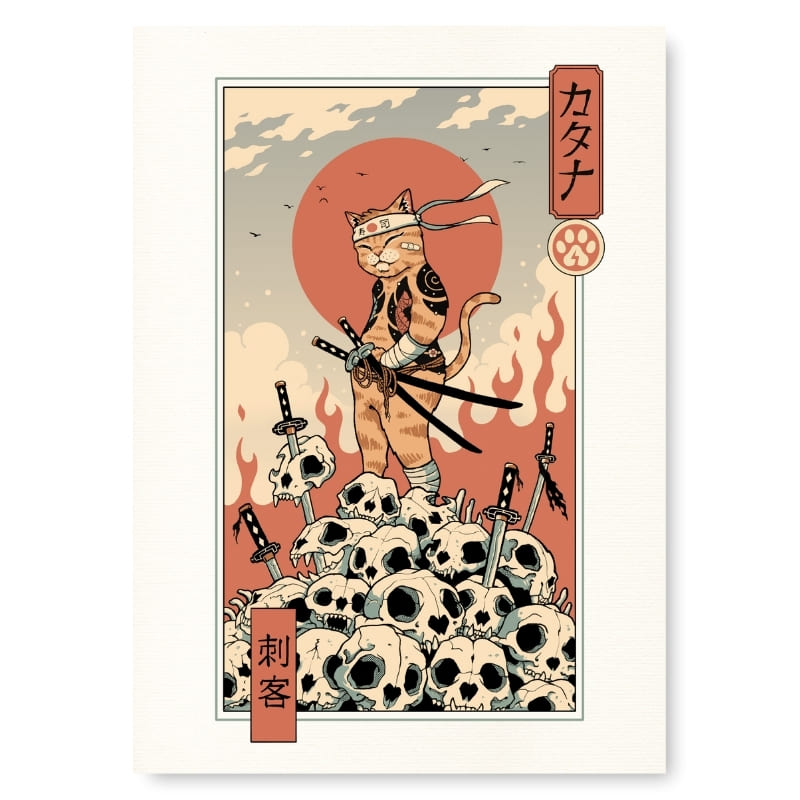 Póster Japonés Ukiyo-e Gato Samurái A3