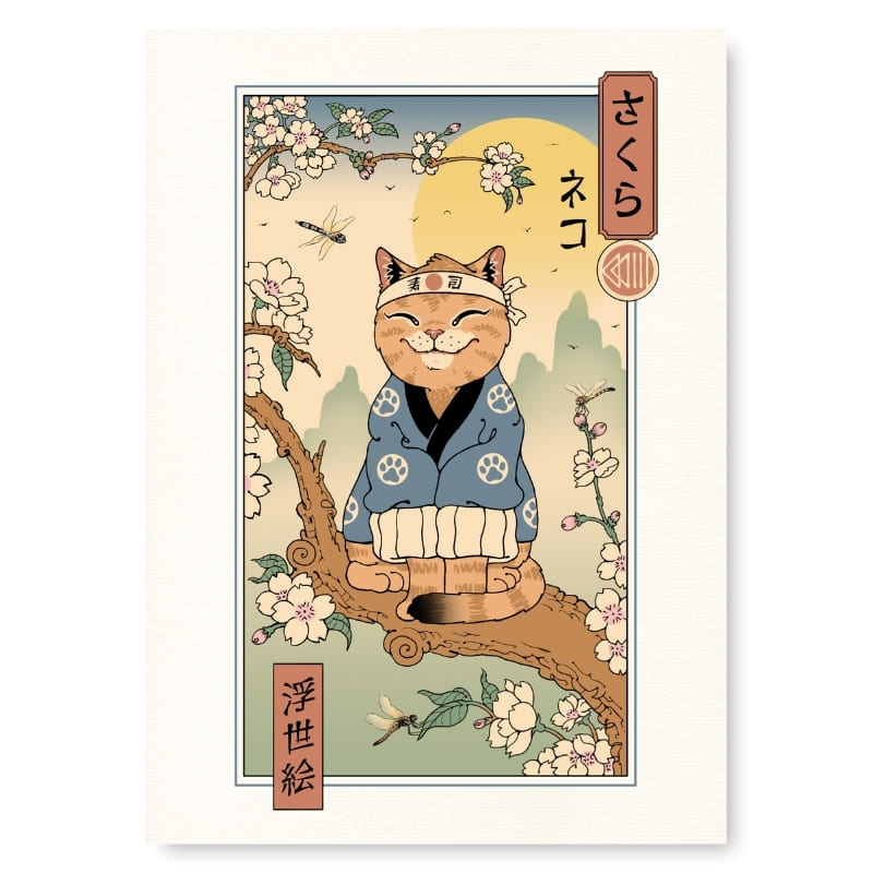 Póster Japonés Ukiyo-e Neko Sakura A3