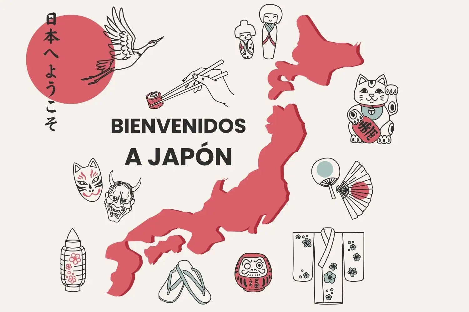 Silueta roja de Japón con iconos culturales como una grulla, palillos y gato de la suerte.